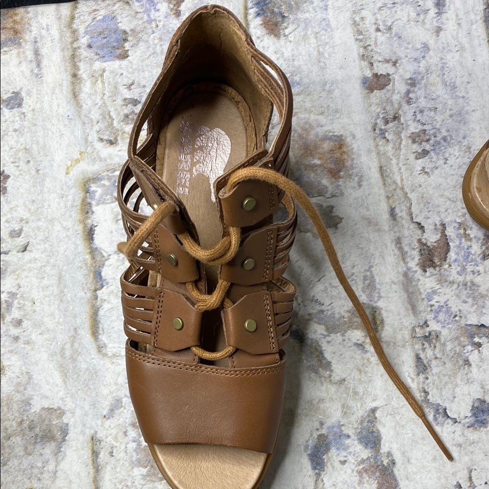 Sorel Brown Leather Lace-Up Wedge Sandals - Picture 6 of 9